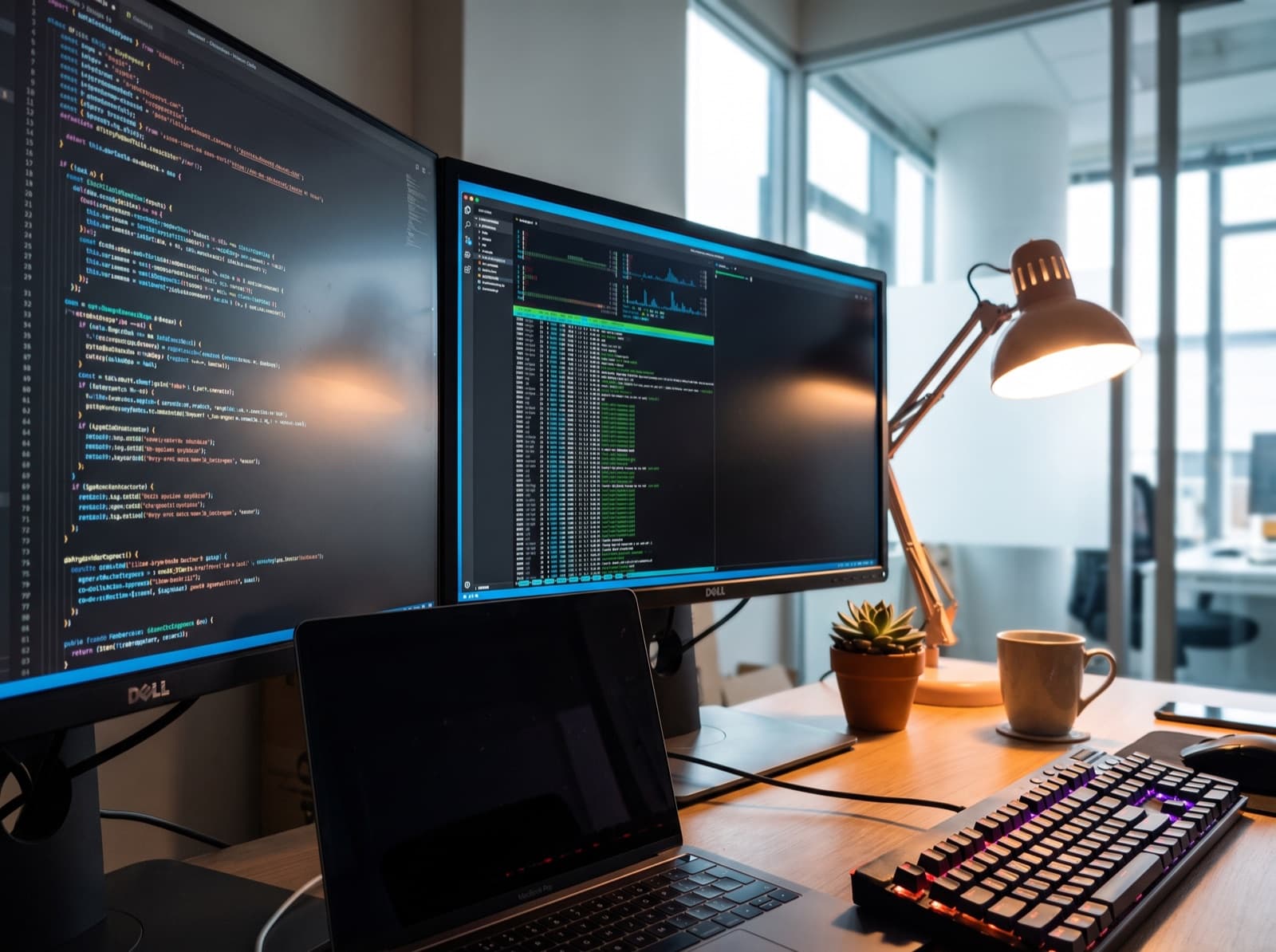 Entwickler-Arbeitsplatz mit zwei Monitoren voller Code im ClinicOS-Büro