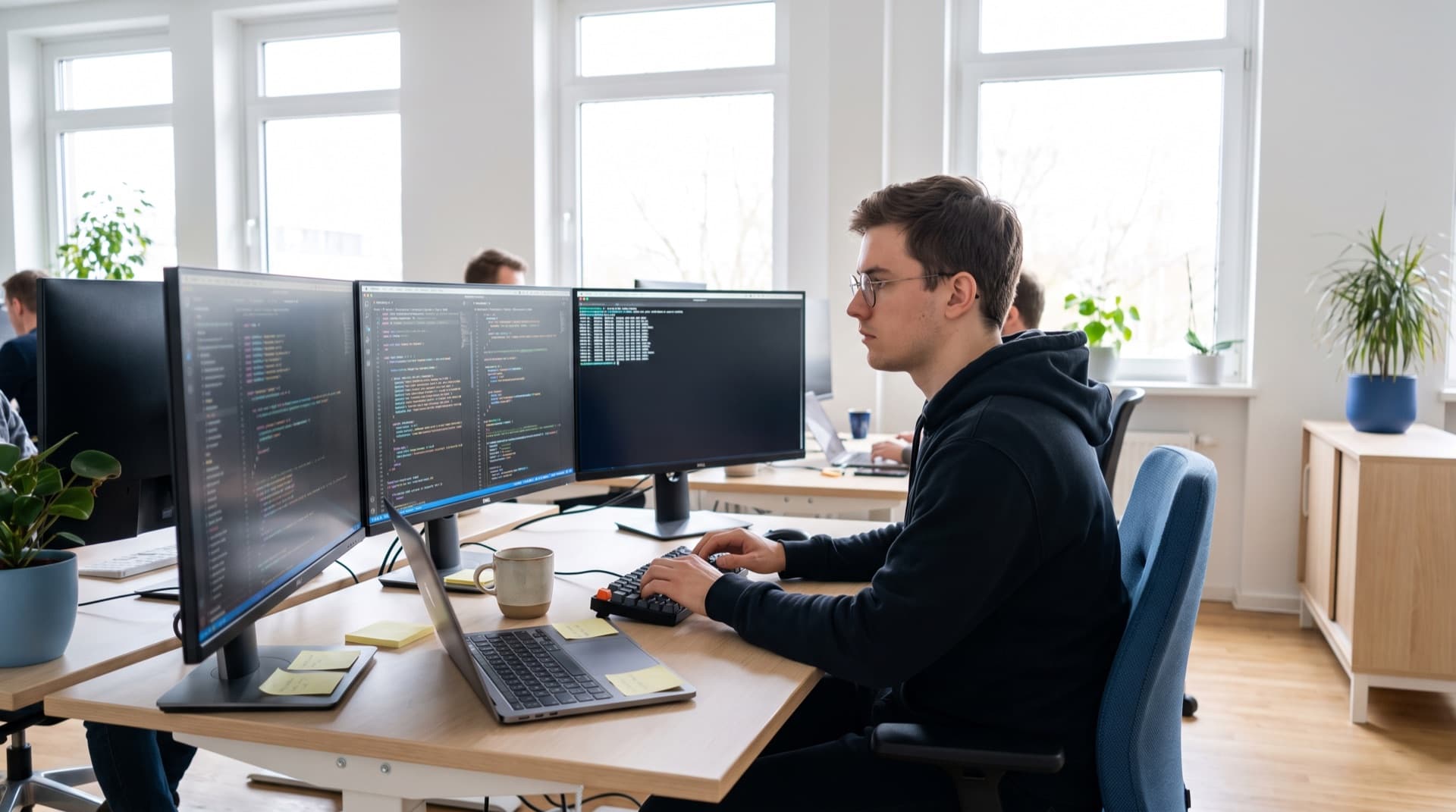 KI-Ingenieur bei ClinicOS am Schreibtisch mit drei Monitoren voller Code